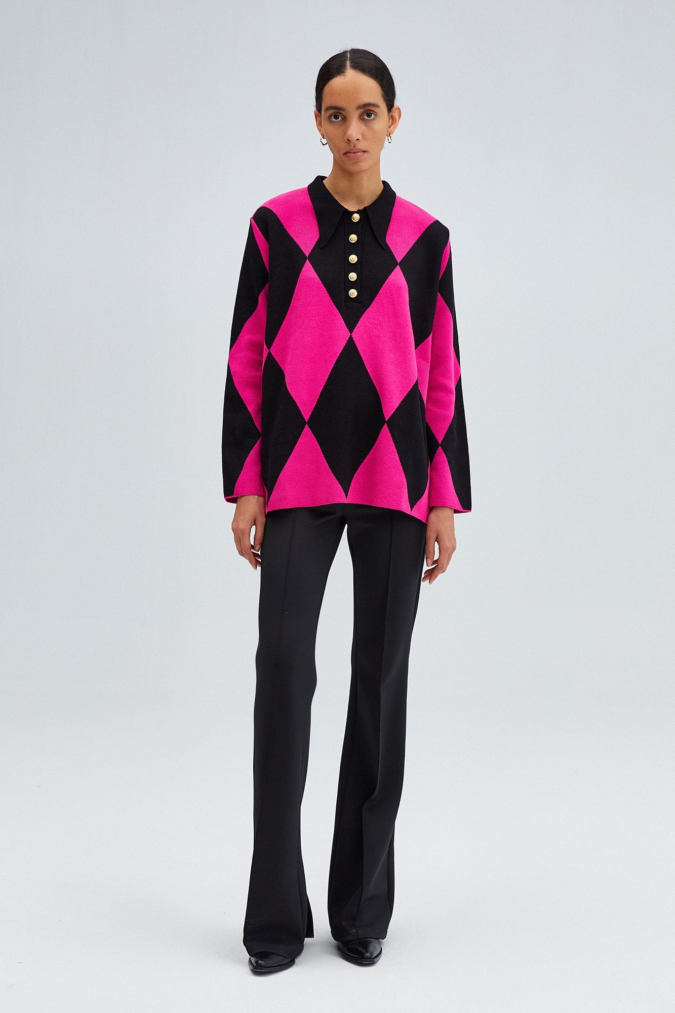 DIAMOND PATTERNED POLO COLLAR KNIT TUNIC