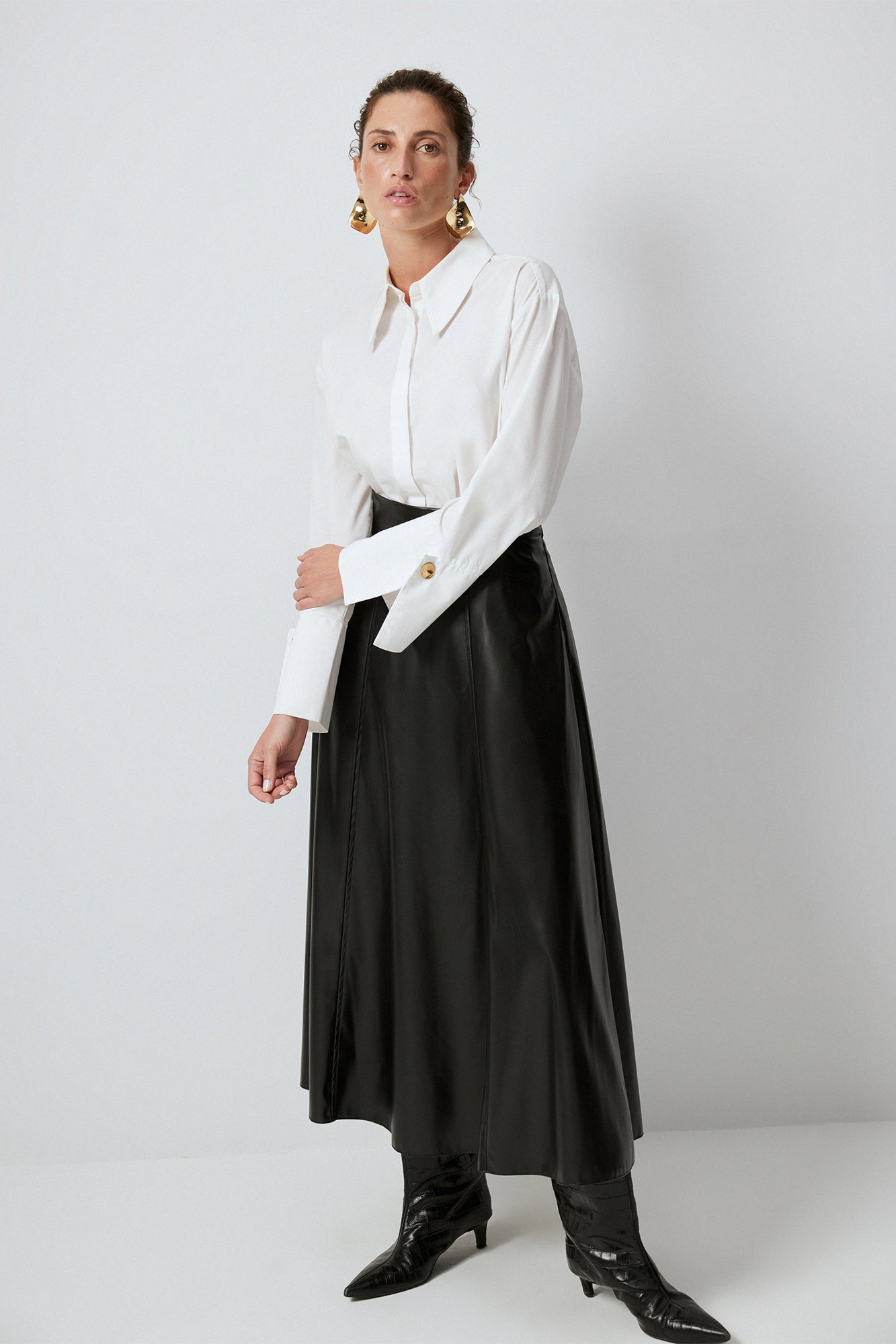 FLOUNCED FAUX LEATHER SKIRT