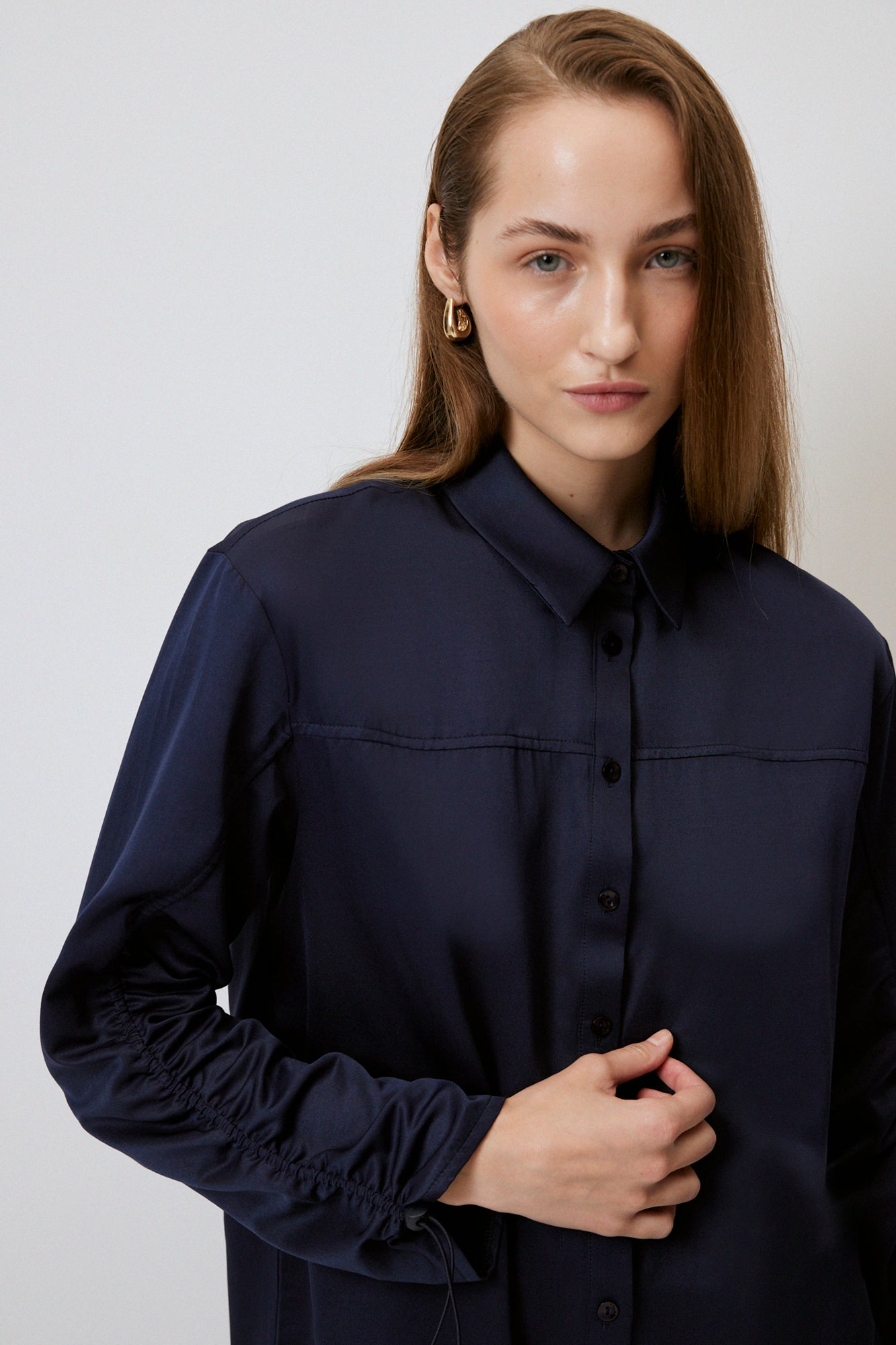 SATIN LOOK SHIRT WITH GATHERED ARM