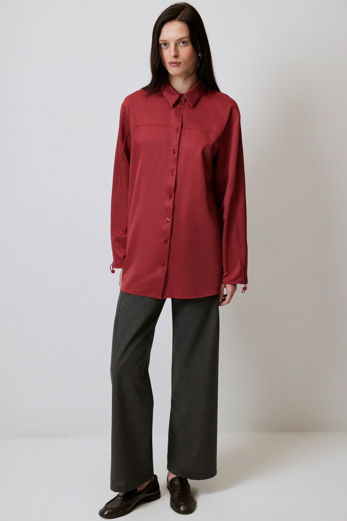 SATIN LOOK SHIRT WITH GATHERED ARM