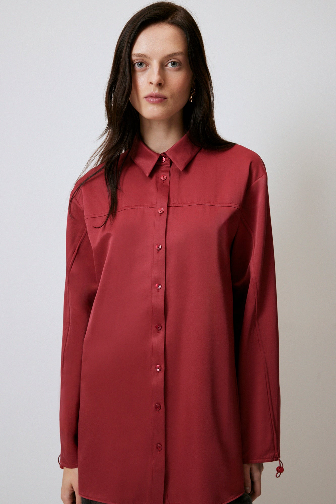 SATIN LOOK SHIRT WITH GATHERED ARM