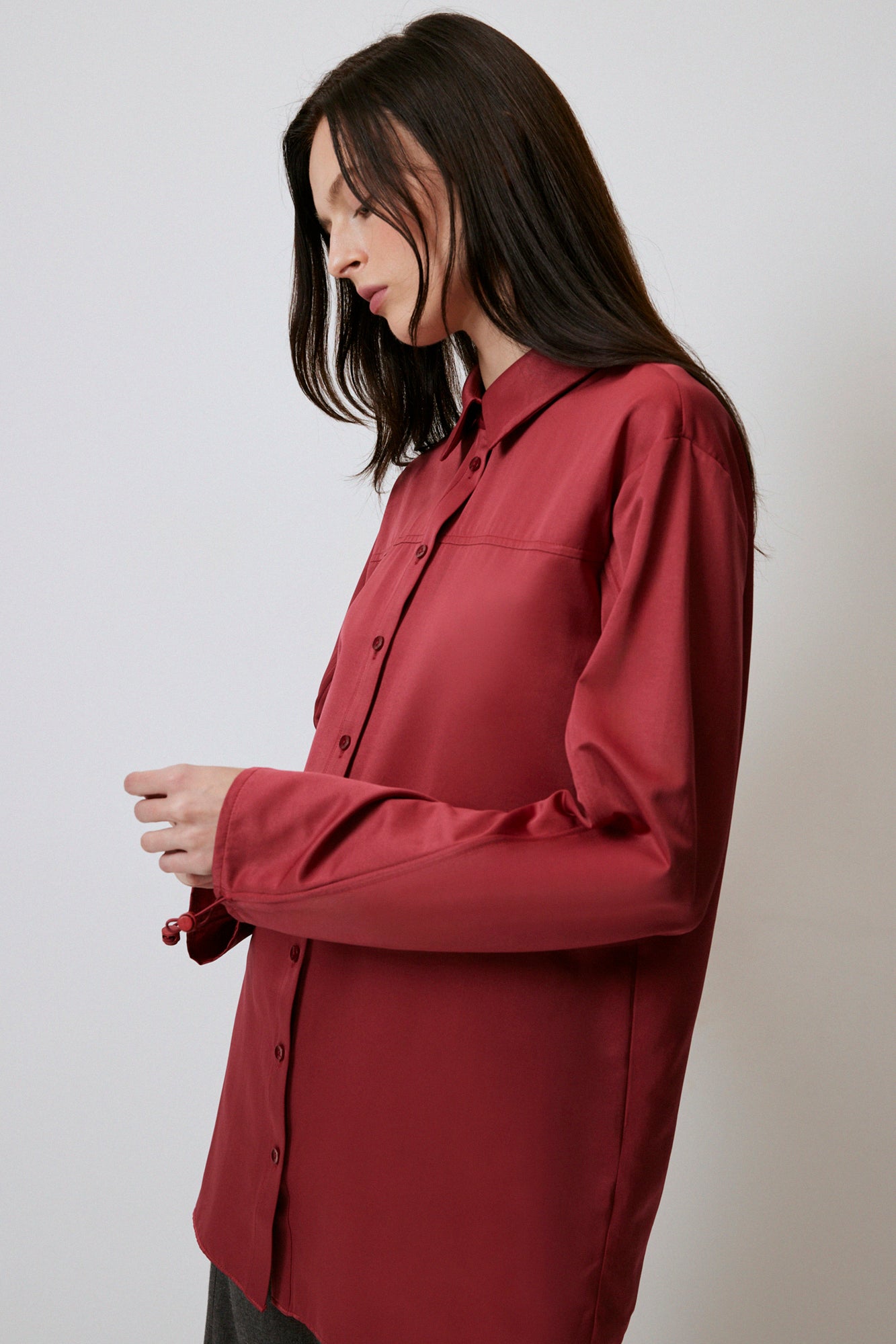 SATIN LOOK SHIRT WITH GATHERED ARM