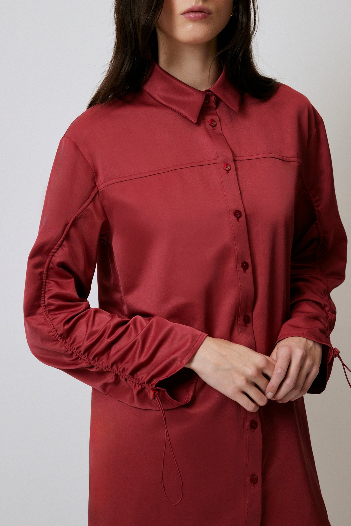 SATIN LOOK SHIRT WITH GATHERED ARM