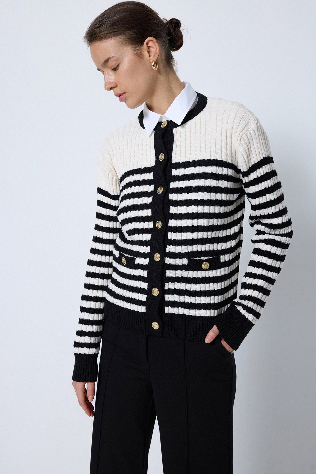 STRIPED KNIT CARDIGAN WITH POCKET ACCENTS