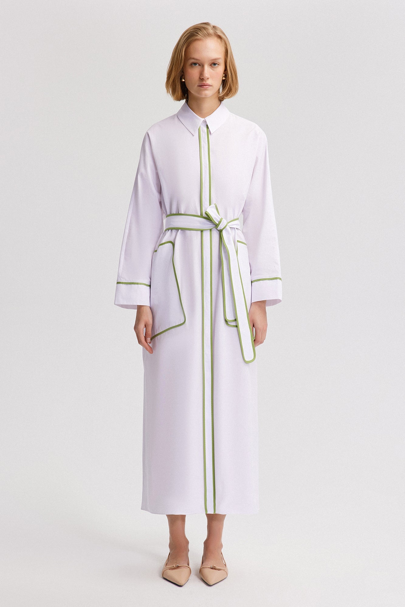 BELTED WAIST POPLIN DRESS WITH PIPING DETAILED