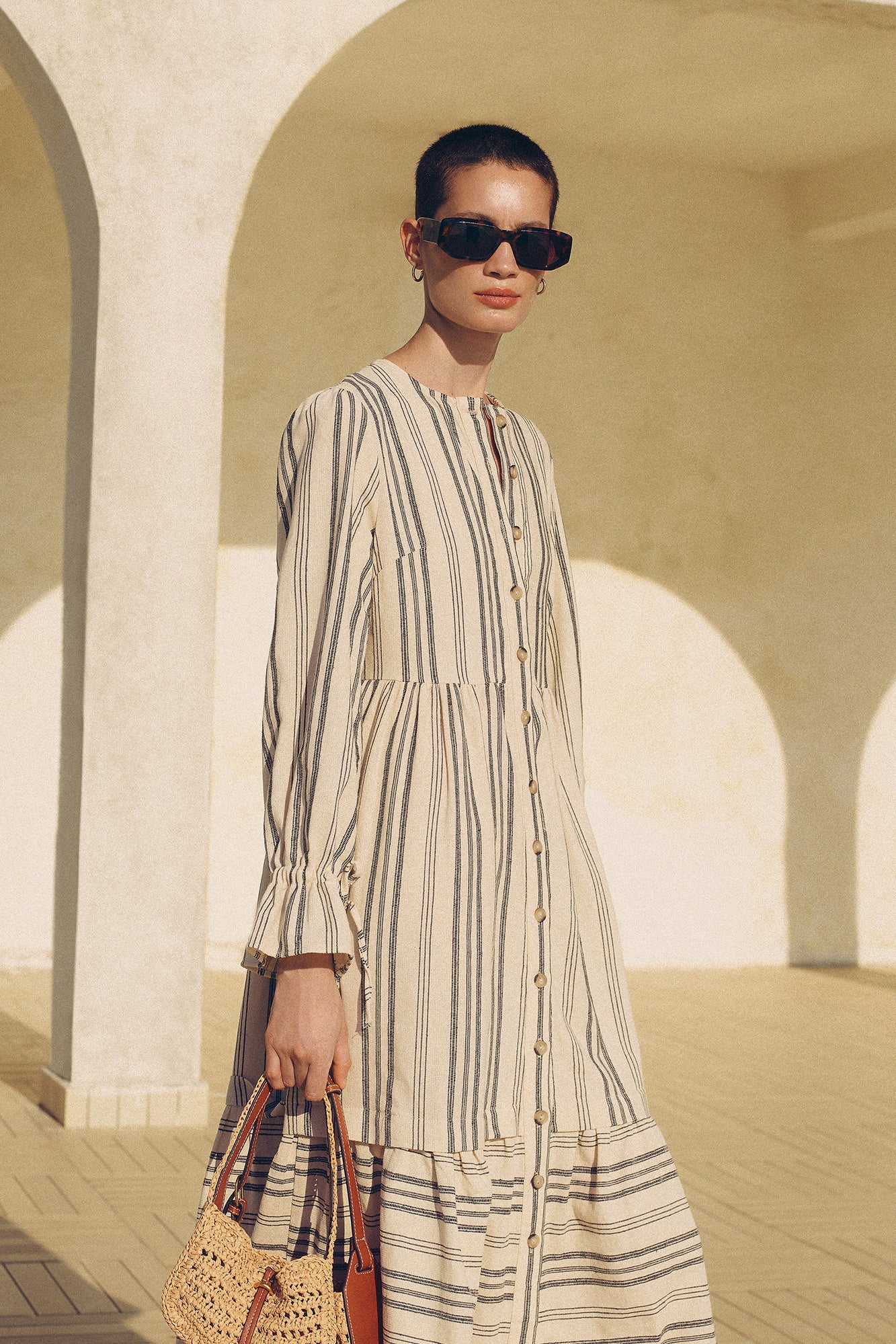 NATURAL TEXTURED STRIPED DRESS