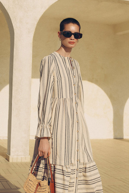 NATURAL TEXTURED STRIPED DRESS