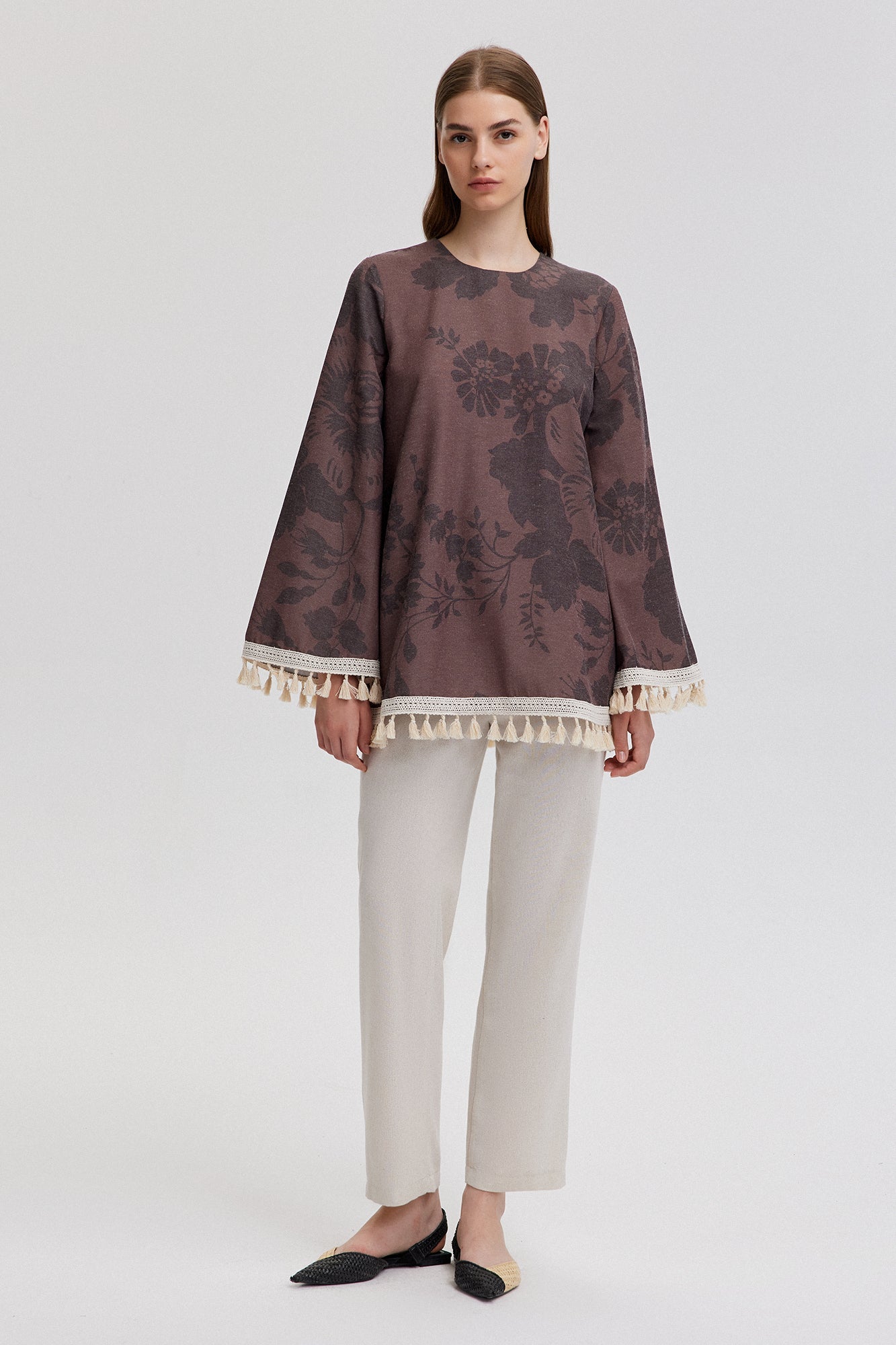 NATURAL TEXTURED TUNIC WITH FRINGE LACEWORK DETAIL