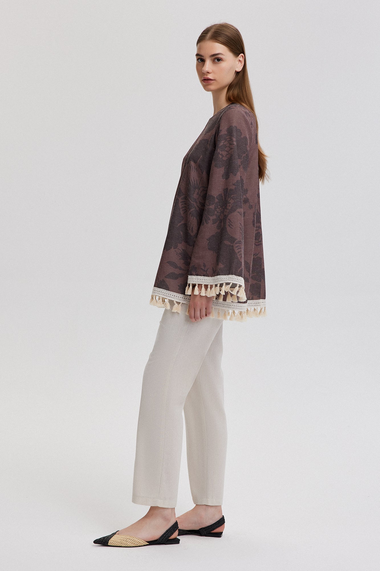 NATURAL TEXTURED TUNIC WITH FRINGE LACEWORK DETAIL