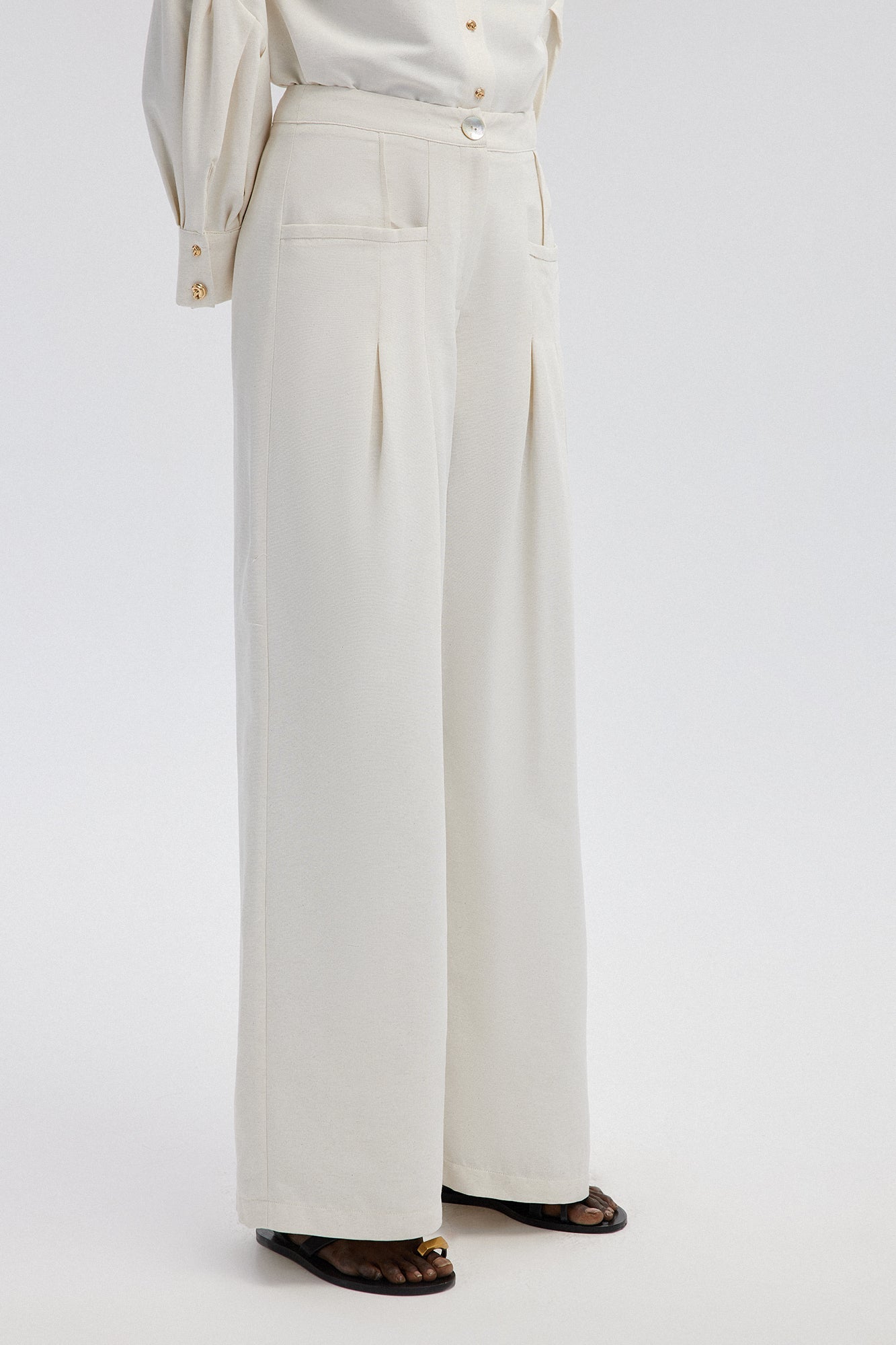 WIDE LEG LINEN TROUSERS WITH POCKET DETAIL